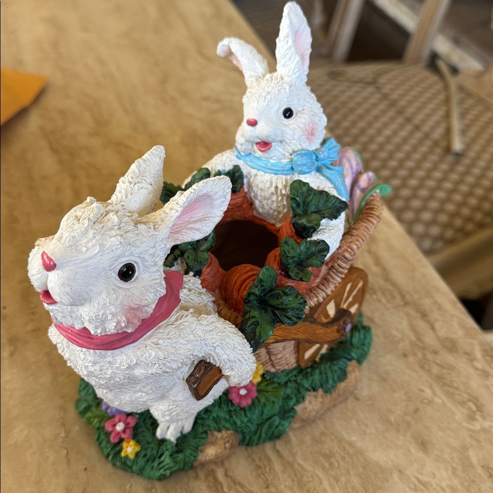 Decorative Rabbit Figurine with Basket - Multicolor